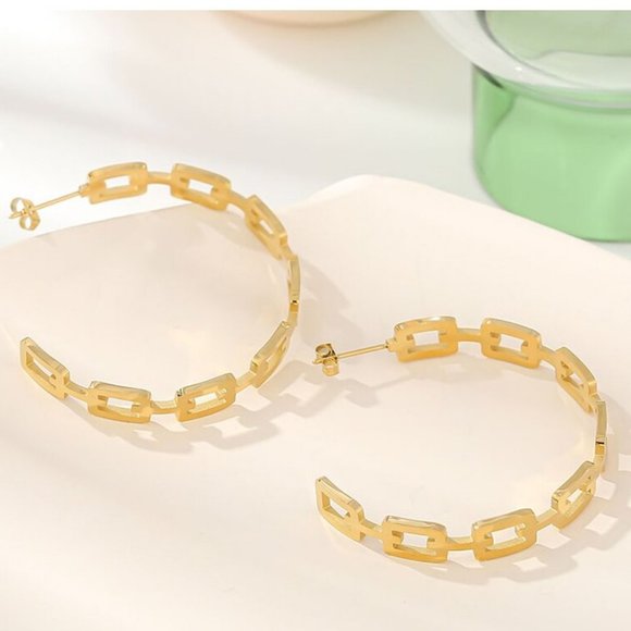 NEW 18K Gold Plated Link Chain Round Hoop Earrings - Picture 5 of 7